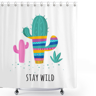 Personality  Knitted Cactus Illustration, Cute Hand Drawn Elements And Design For Nursery Design, Poster, Greeting Card Shower Curtains