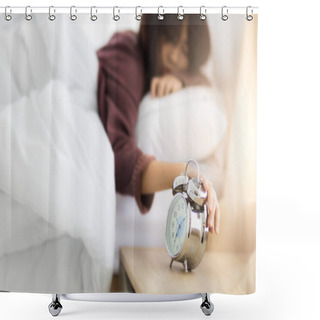 Personality  Sleepy Woman Turning Off The Alarm Clock In The Morning With Late Wake Up. Stay At Home, Work From Home And Working Woman Concept. Shower Curtains