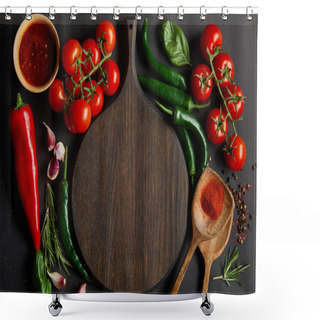 Personality  Top View Of Chopping Board Near Ripe Cherry Tomatoes, Garlic Cloves, Rosemary, Peppercorns, Basil Leaves And Green Chili Peppers On Black Shower Curtains