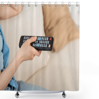Personality  Cropped View Of Girl Holding Remote Controller On Couch  Shower Curtains
