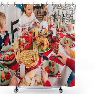 Personality  Selective Focus Of Festive Table With Thanksgiving Dinner And Family At Home Shower Curtains