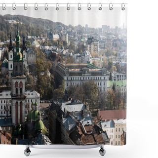 Personality  Aerial View Of Lviv City With Carmelite Church And Buildings In Downtown Of Lviv, Ukraine Shower Curtains