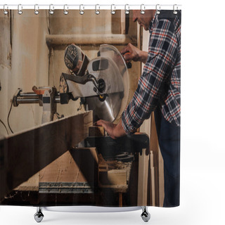 Personality  Partial View Of Carpenter Using Saw At Wooden Workshop Shower Curtains