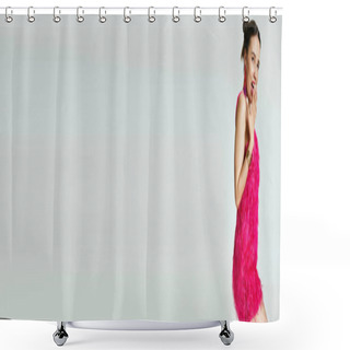 Personality  Bright Young Lady In Chic Pink Dress Smiles With Excitement With Her Hand Covering Lips, Banner Shower Curtains
