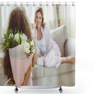 Personality  Little Daughter With Bouquet Of Flowers For Her Mom On Happy Mothers Day Shower Curtains