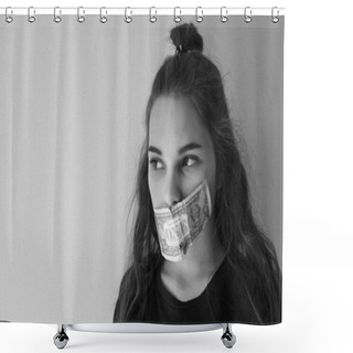 Personality  Girl With Long Hair, European Type. Mouth Is Sealed With Small Cash. Forced Silence, Skeletons In The Closet. Black And White, Copy Space. Grain, Noise - Artistic Reception. Shower Curtains