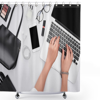 Personality  Cropped View Of Woman Using Laptop On White Background  Shower Curtains
