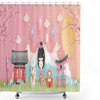 Personality  Travel Postcard, Poster, Tour Advertising Of World Famous Landmarks Of Japan With Fuji Mountain And Japanese People In Kimono Dress In Paper Cut Style. Vector Illustration  Shower Curtains