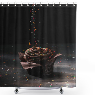 Personality  Tasty Chocolate Cupcake With Glaze And Sugar Spreading On Table Shower Curtains