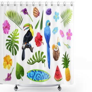 Personality  Exotic Summer Objects Vector Illustration Isolated On White Backgeound. Colorful Tropical Flowers, Leaves And Birds. Tucan  And Parrot, Monstera And Palm Leaf, Hibiscus And Plumeria Set. Shower Curtains