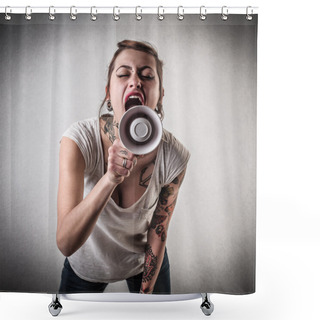 Personality  Alternative Woman Speaking Through A Megaphone Shower Curtains