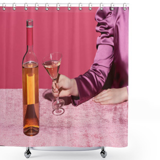 Personality  Cropped View Of Woman Holding Glass Of Rose Wine Near Bottle On Velour Cloth Isolated On Pink, Girlish Concept  Shower Curtains