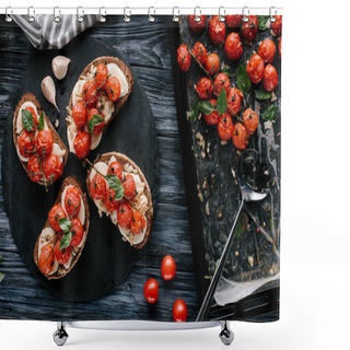 Personality  Bread Sandwiches With Cheese And Baked Tomatoes On Dark Wooden Table Shower Curtains