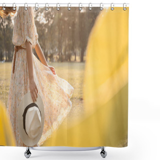 Personality  Beautiful Young Woman Walk In Park With Hat Shower Curtains