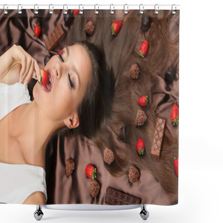 Personality  Woman Lying On Brown Atlas Covered By Chocolate And Candies Shower Curtains