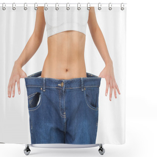 Personality  Mid Section Of Young Slim Woman Wearing Too Big Jeans Shower Curtains