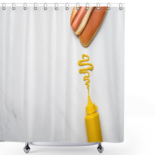 Personality  Top View Of Delicious Hot Dog With Mustard On White Marble Surface Shower Curtains