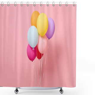 Personality  Studio Shot With Shadow Of Beautiful Bright And Multi-colored Air Balloons, Isolated On Pink Colored Background With Copy Space For Advertising. Birthday Party, Events, Woman's Day And Summer Concepts Shower Curtains