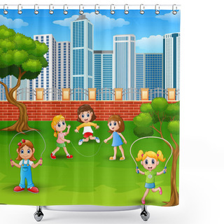 Personality  Cartoon Girls Playing Jumping Rope In The Park Shower Curtains