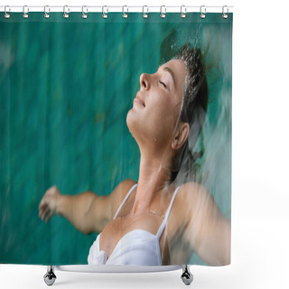 Personality  Young Woman Floating In Water While In A Swimming Pool On Vacation. Shower Curtains