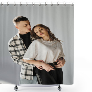 Personality  A Man And Woman, Young Couple In Love, Stand Side By Side In A Studio With A Grey Background, Exuding Unity And Togetherness. Shower Curtains