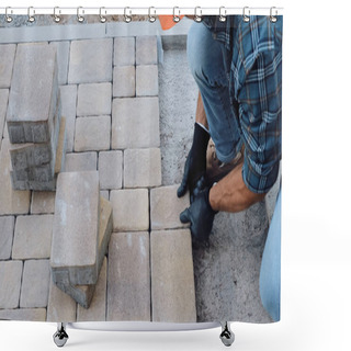 Personality  Cropped View Of Man Working With Paving Stones On Construction Site Shower Curtains