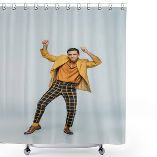Personality  Handsome, Elegant Dancer Looking At Camera While Dancing Boogie-woogie On Grey Background Shower Curtains