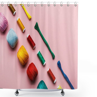 Personality  Top View Of Colorful Knitting Yarn Balls, Embroidery Threads And Thread Coils On Pink  Shower Curtains