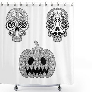 Personality  Hand Drawn Skulls And Pumpkin In Zentangle Style, Halloween Tote Shower Curtains