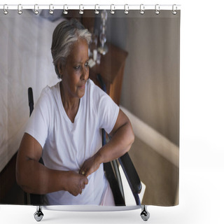 Personality  Upper-section Of A Thoughtful Disabled Senior African American Woman Looking Worried Through Window At Home Shower Curtains