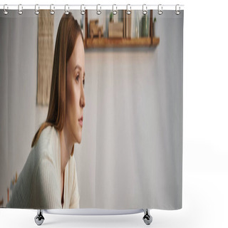 Personality  Young Depressed Grieving Woman Looking Away In Dark Nursery Room At Home, Horizontal Banner Shower Curtains