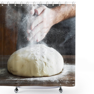 Personality  Man Preparing Bread Dough On Wooden Table In A Bakery Close Up Shower Curtains