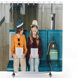 Personality  Cute Preteen Kids Sitting In Waiting Hall And Using Digital Tablets Shower Curtains