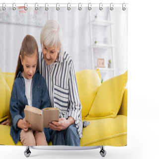 Personality  Smiling Grandmother Reading Book With Granddaughter At Home  Shower Curtains