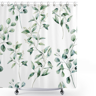 Personality  Watercolor Different Eucalyptus Seamless Pattern On White Background. Hand Painted Isolated Eucalyptus Branch And Leaves. Floral Illustration For Design, Print, Fabric Or Background. Shower Curtains
