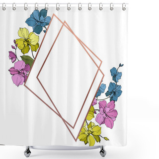 Personality  Vector Blue, Pink And Yellow Orchids Isolated On White. Frame Border Ornament With Copy Space. Shower Curtains