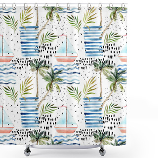Personality  Abstract Summer Seamless Pattern. Watercolor Sailboat, Palm Tree, Leaves, Grunge Textures, Doodles, Brush Strokes. Water Color Background In Minimalistic Style. Hand Painted Tropical Illustration Shower Curtains