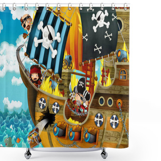 Personality  Cartoon Scene With Pirate Ship Sailing Through The Seas With Scary Pirates - Deck Is Burning During Battle - Illustration For Children Shower Curtains