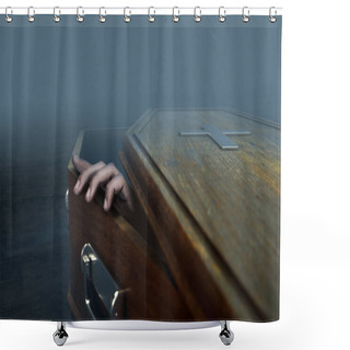Personality  A Slightly Open Empty Wooden Coffin With A Hand Reaching Out On A Dark Ominous Background - 3D Render Shower Curtains