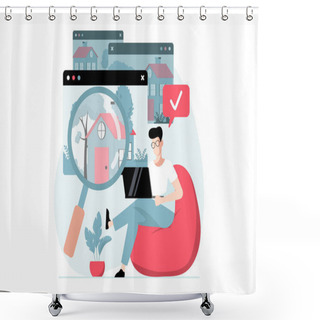 Personality  Real Estate Concept With People Scene In Flat Design. Man With Magnifier Studies Options For Houses For Sale And Chooses Location Of New Home. Illustration With Character Situation For Web Shower Curtains