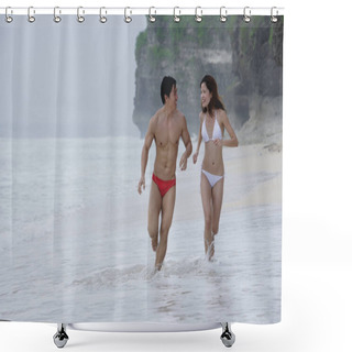 Personality  Couple Running Along Beach  Shower Curtains