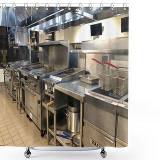 Personality  Nyack, NY / United States - Feb. 19, 2020: Interior View Of A Commerical Kitchen, Stoves, Grills, Ovens And A Fryer Shower Curtains