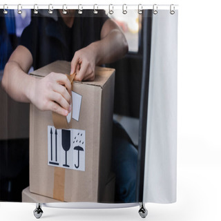 Personality  Cropped View Of Courier Applying Adhesive Tape On Box With Signs In Car  Shower Curtains