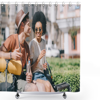 Personality  Happy Interracial Couple Of Tourists With Bottles Of Water Sitting On Bench  Shower Curtains