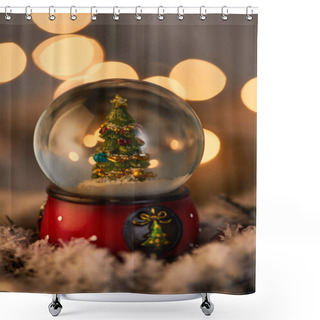 Personality  Decorative Snowball With Christmas Tree Standing In Snow With Golden Lights Bokeh Shower Curtains
