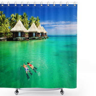Personality  Couple Snorkling In Lagoon With Over Water Bungalows Shower Curtains