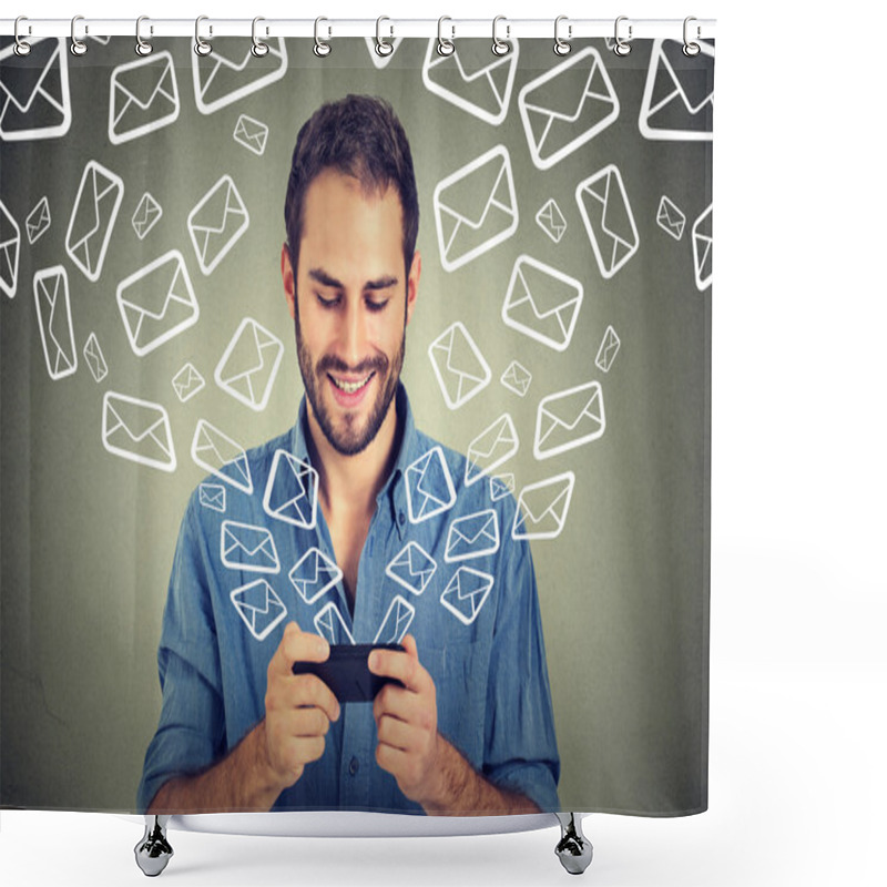 Personality  Portrait Young Happy Man Busy Sending Messages Emails From Smart Phone Shower Curtains