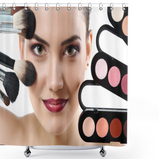 Personality  Beauty Portrait Of Young Beautiful Woman With Makeup Brushes And Shower Curtains