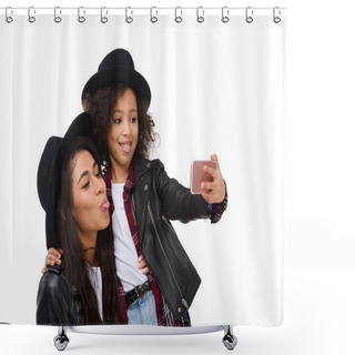 Personality  Stylish Mother And Daughter Taking Selfie With Smartphone And Grimacing Isolated On White Shower Curtains