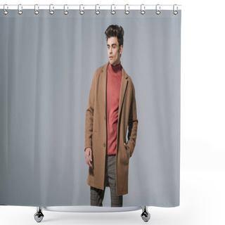 Personality  Fashionable Man Posing In Beige Coat, Isolated On Grey Shower Curtains